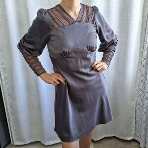 36. Silky Dark Gray Long Sleeve Mini Dress with Sheer Striped Illusion Panels